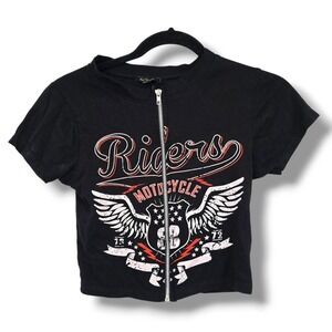 Ruby Lace Black Motorcycle Graphic Cropped‎ Zip Front T Shirt Women's Size S